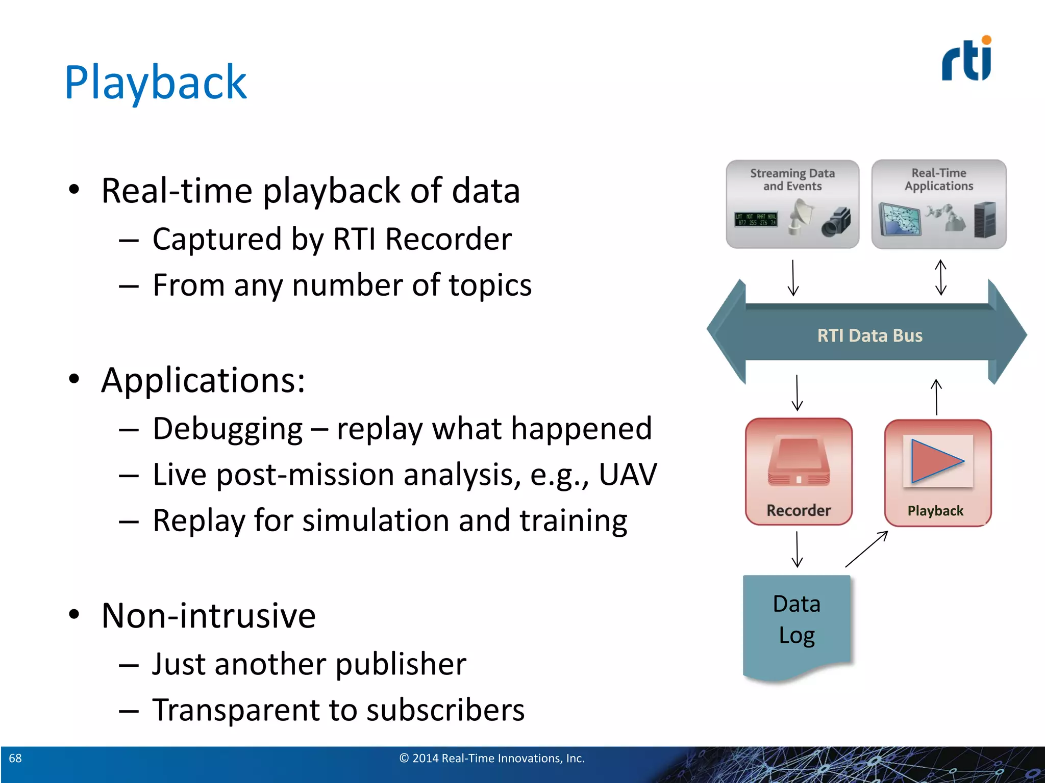 © 2014 Real-Time Innovations, Inc.68
Playback
• Real-time playback of data
– Captured by RTI Recorder
– From any number of topics
• Applications:
– Debugging – replay what happened
– Live post-mission analysis, e.g., UAV
– Replay for simulation and training
• Non-intrusive
– Just another publisher
– Transparent to subscribers
Data
Log
Playback
RTI Data Bus
 