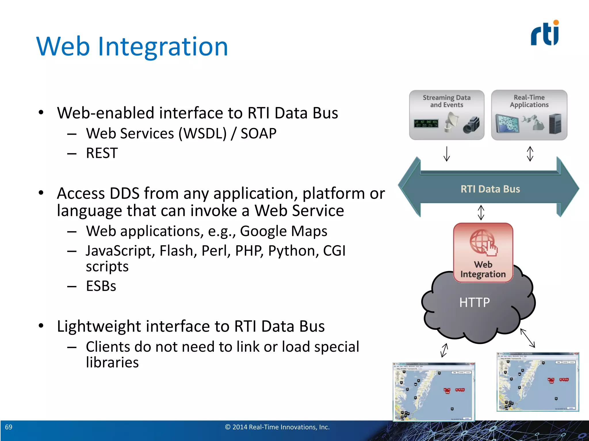 © 2014 Real-Time Innovations, Inc.69
Web Integration
HTTP
• Web-enabled interface to RTI Data Bus
– Web Services (WSDL) / SOAP
– REST
• Access DDS from any application, platform or
language that can invoke a Web Service
– Web applications, e.g., Google Maps
– JavaScript, Flash, Perl, PHP, Python, CGI
scripts
– ESBs
• Lightweight interface to RTI Data Bus
– Clients do not need to link or load special
libraries
RTI Data Bus
 