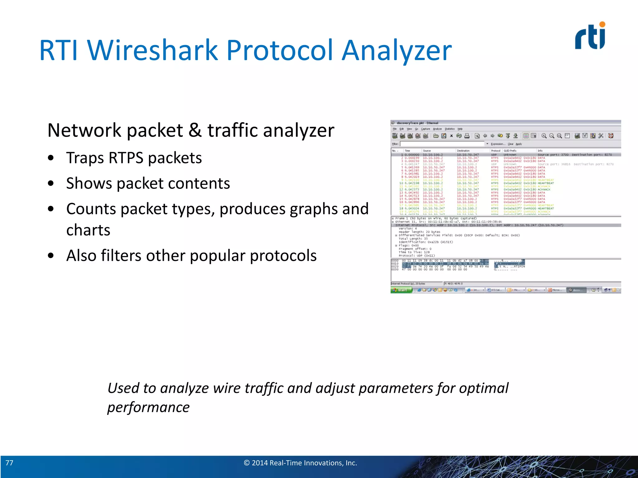 © 2014 Real-Time Innovations, Inc.77
RTI Wireshark Protocol Analyzer
Network packet & traffic analyzer
• Traps RTPS packets
• Shows packet contents
• Counts packet types, produces graphs and
charts
• Also filters other popular protocols
Used to analyze wire traffic and adjust parameters for optimal
performance
 