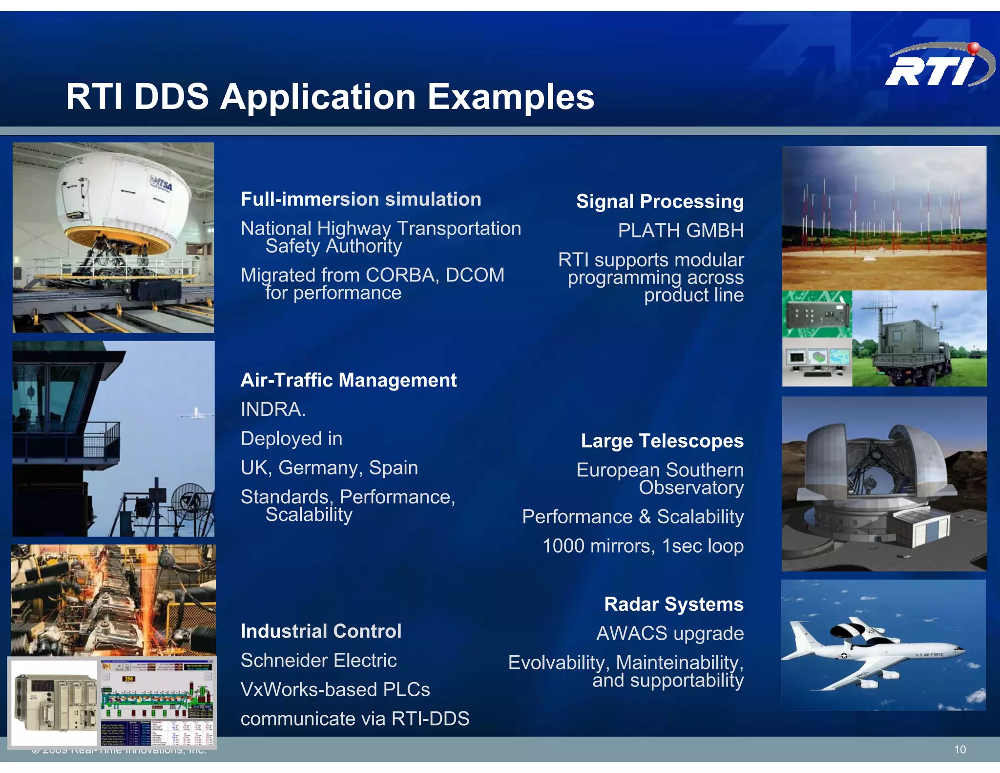 RTI DDS Application Examples

                                     Full-immersion simulation               Signal Processing
                                     National Highway Transportation             PLATH GMBH
                                       Safety Authority
                                                                           RTI supports modular
                                     Migrated from CORBA, DCOM              programming across
                                       for performance                              product line



                                     Air-Traffic Management
                                     INDRA.
                                     Deployed in                             Large Telescopes
                                     UK, Germany, Spain                      European Southern
                                     Standards, Performance,                        Observatory
                                        Scalability                    Performance & Scalability
                                                                         1000 mirrors, 1sec loop

                                                                              Radar Systems
                                     Industrial Control                      AWACS upgrade
                                     Schneider Electric           Evolvability, Mainteinability,
                                     VxWorks-based PLCs                     and supportability
                                     communicate via RTI-DDS
© 2009 Real-Time Innovations, Inc.                                                                 10
 