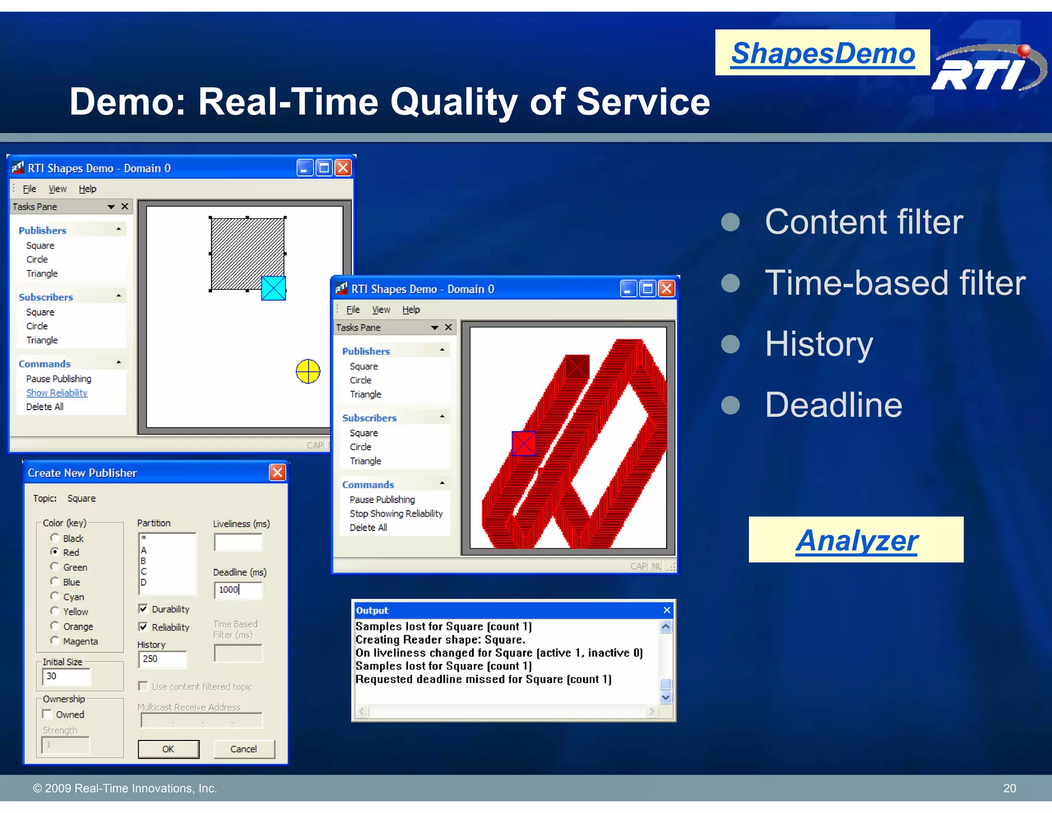 ShapesDemo
      Demo: Real-Time Quality of Service


                                            Content filter
                                            Time-based filter
                                            History
                                            Deadline


                                              Analyzer




© 2009 Real-Time Innovations, Inc.                           20
 