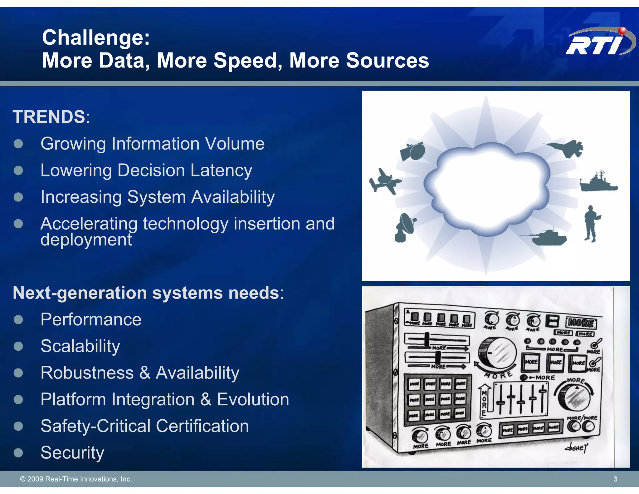 Challenge:
      More Data, More Speed, More Sources

TRENDS:
  Growing Information Volume
  Lowering Decision Latency
  Increasing System Availability
  Accelerating technology insertion and
  deployment

Next-generation systems needs:
   Performance
   Scalability
   Robustness & Availability
   Platform Integration & Evolution
   Safety-Critical Certification
   Security
© 2009 Real-Time Innovations, Inc.          3
 
