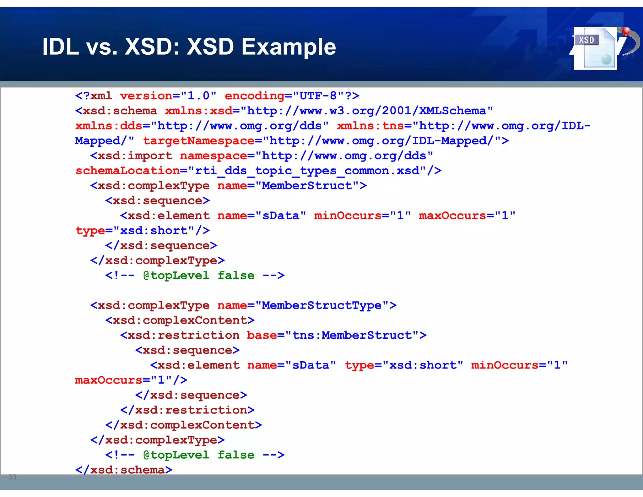IDL vs. XSD: XSD Example
       <?xml version="1.0" encoding="UTF-8"?>
       <xsd:schema xmlns:xsd="http://www.w3.org/2001/XMLSchema"
       xmlns:dds="http://www.omg.org/dds" xmlns:tns="http://www.omg.org/IDL-
       Mapped/" targetNamespace="http://www.omg.org/IDL-Mapped/">
         <xsd:import namespace="http://www.omg.org/dds"
       schemaLocation="rti_dds_topic_types_common.xsd"/>
         <xsd:complexType name="MemberStruct">
           <xsd:sequence>
             <xsd:element name="sData" minOccurs="1" maxOccurs="1"
       type="xsd:short"/>
           </xsd:sequence>
         </xsd:complexType>
           <!-- @topLevel false -->

         <xsd:complexType name="MemberStructType">
           <xsd:complexContent>
             <xsd:restriction base="tns:MemberStruct">
               <xsd:sequence>
                 <xsd:element name="sData" type="xsd:short" minOccurs="1"
       maxOccurs="1"/>
               </xsd:sequence>
             </xsd:restriction>
           </xsd:complexContent>
         </xsd:complexType>
           <!-- @topLevel false -->
33
       </xsd:schema>
 