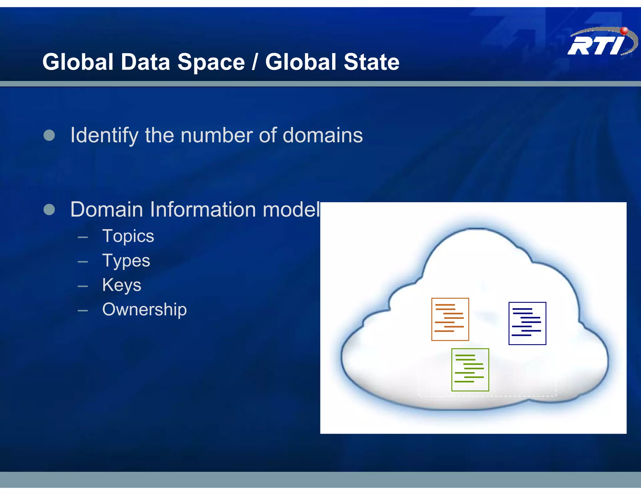Global Data Space / Global State


  Identify the number of domains


  Domain Information model
   –   Topics
   –   Types
   –   Keys
   –   Ownership
 