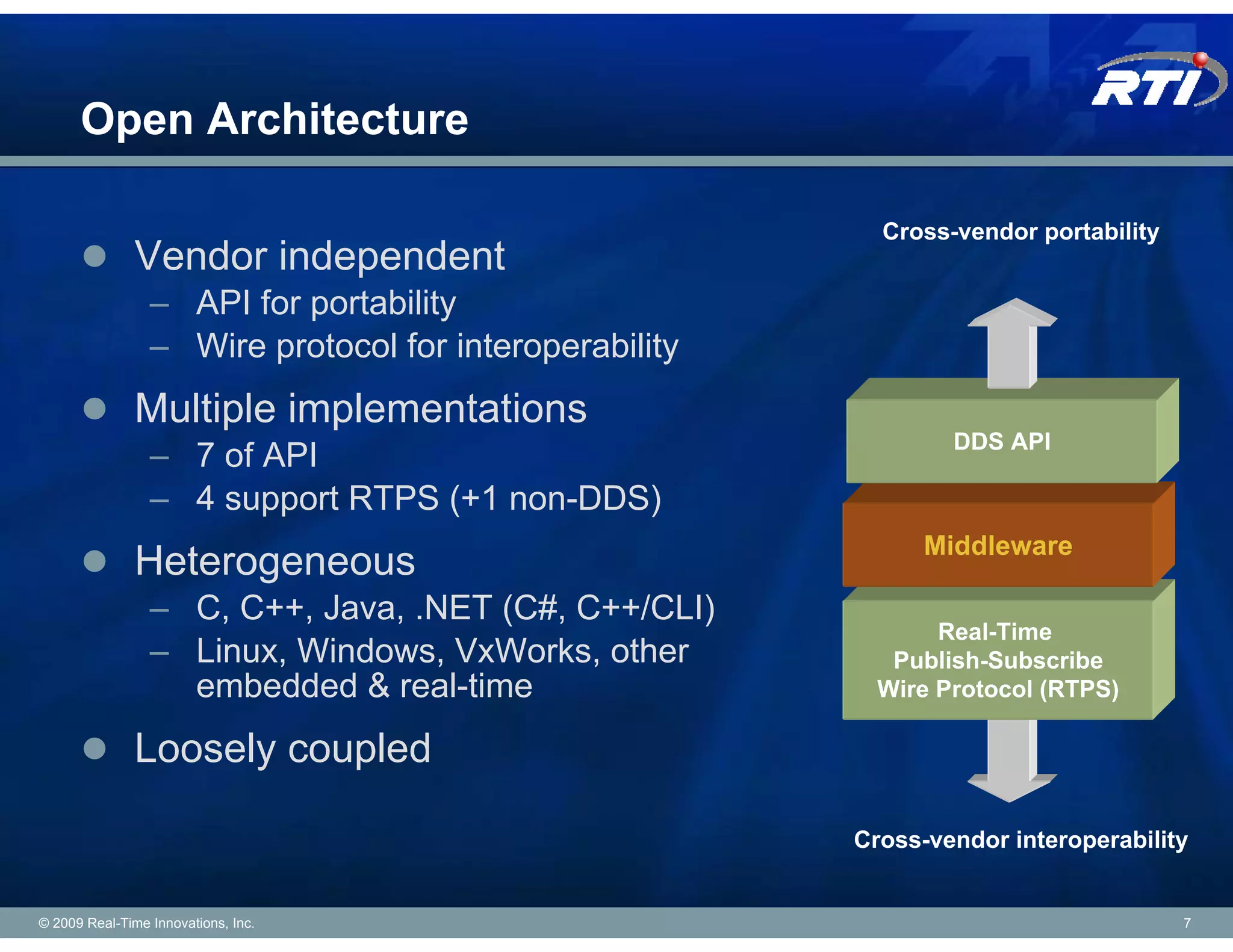Open Architecture

                                                          Cross-vendor portability
               Vendor independent
                 – API for portability
                 – Wire protocol for interoperability
               Multiple implementations
                                                                DDS API
                 – 7 of API
                 – 4 support RTPS (+1 non-DDS)
                                                              Middleware
               Heterogeneous
                 – C, C++, Java, .NET (C#, C++/CLI)
                                                               Real-Time
                 – Linux, Windows, VxWorks, other          Publish-Subscribe
                   embedded & real-time                   Wire Protocol (RTPS)

               Loosely coupled

                                                        Cross-vendor interoperability


© 2009 Real-Time Innovations, Inc.                                                   7
 