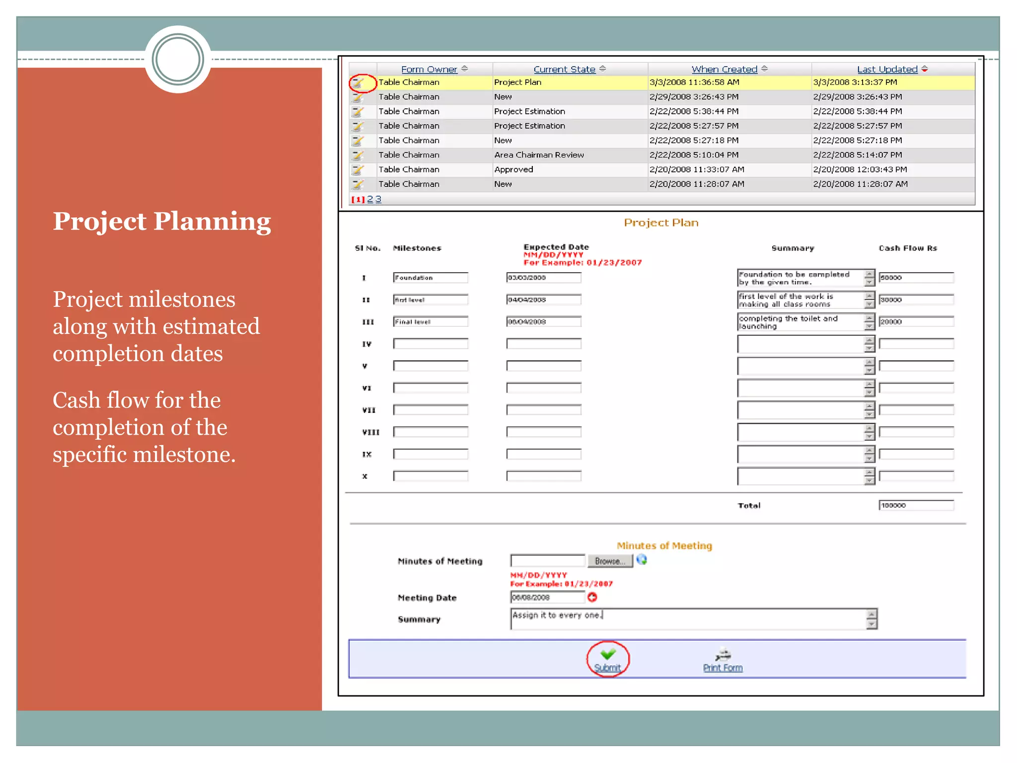 Project Planning


Project milestones
along with estimated
completion dates

Cash flow for the
completion of the
specific milestone.
 