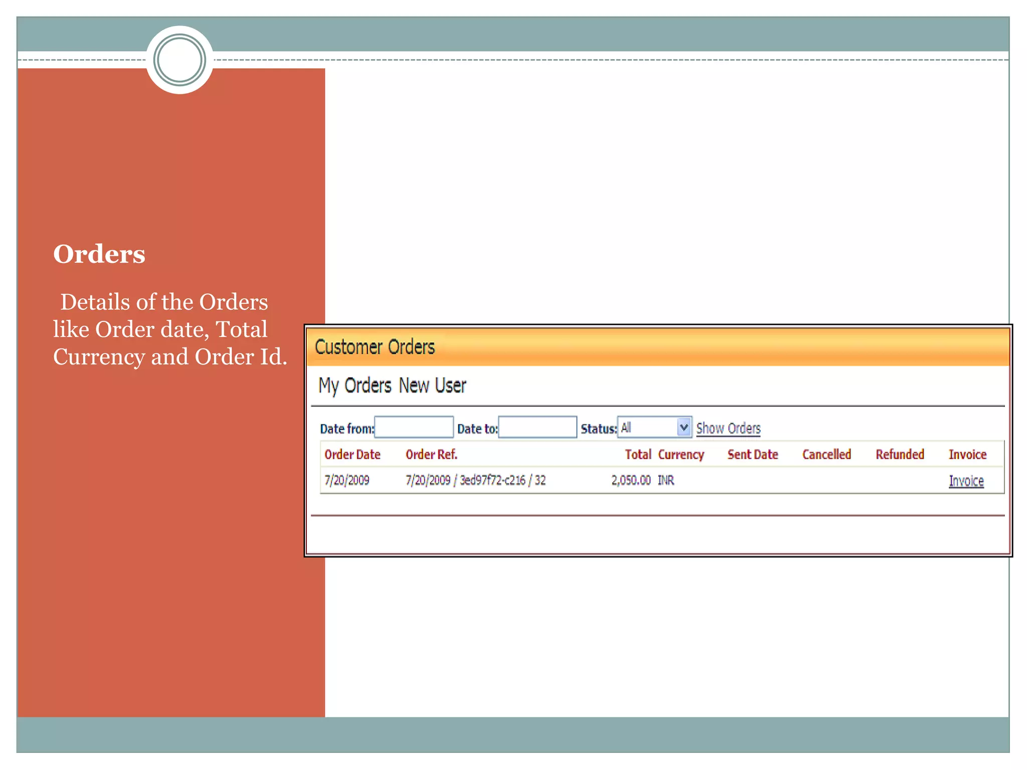 Orders
•Details of the Orders
like Order date, Total
Currency and Order Id.
 
