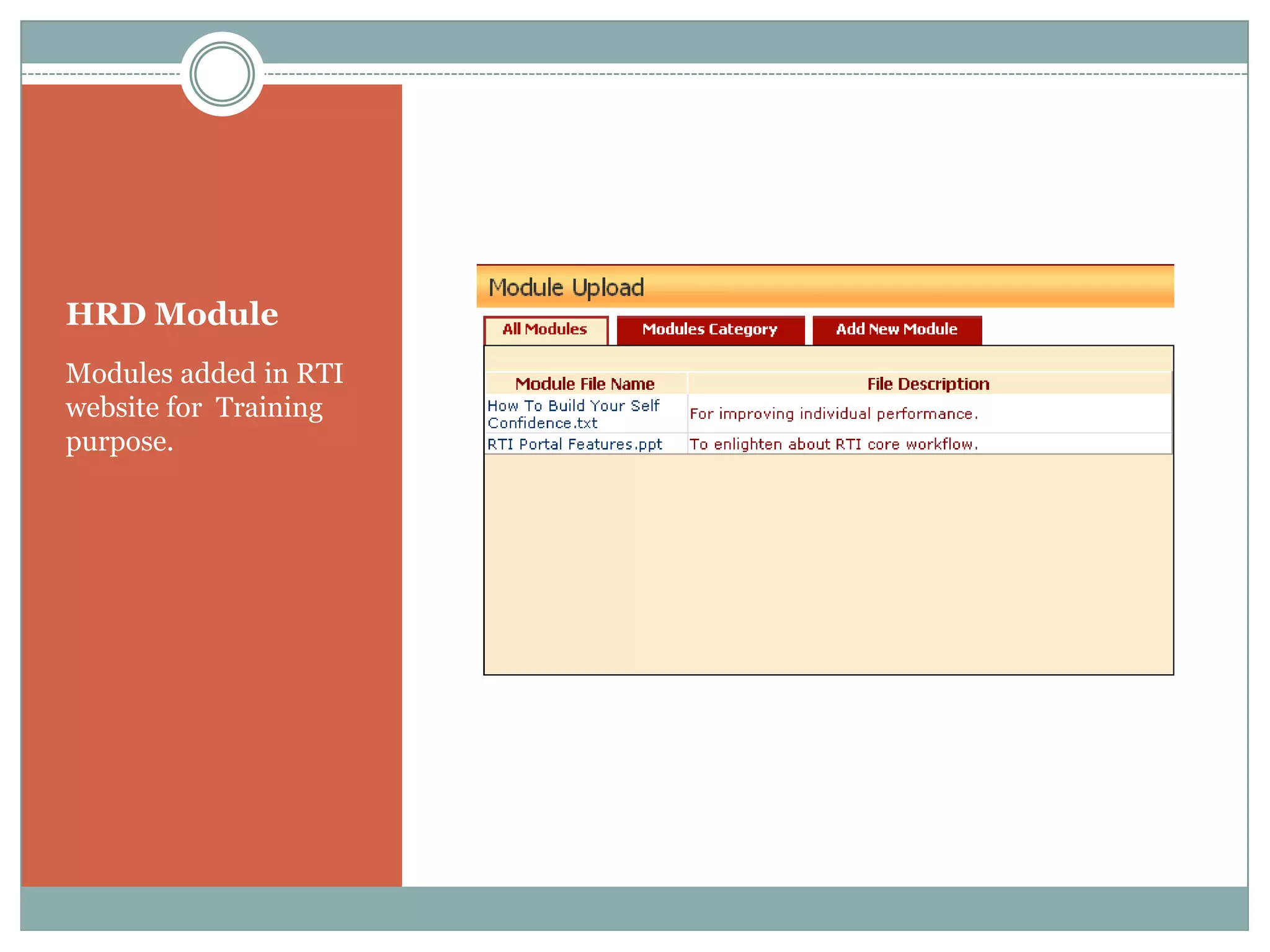 HRD Module
Modules added in RTI
website for Training
purpose.
 
