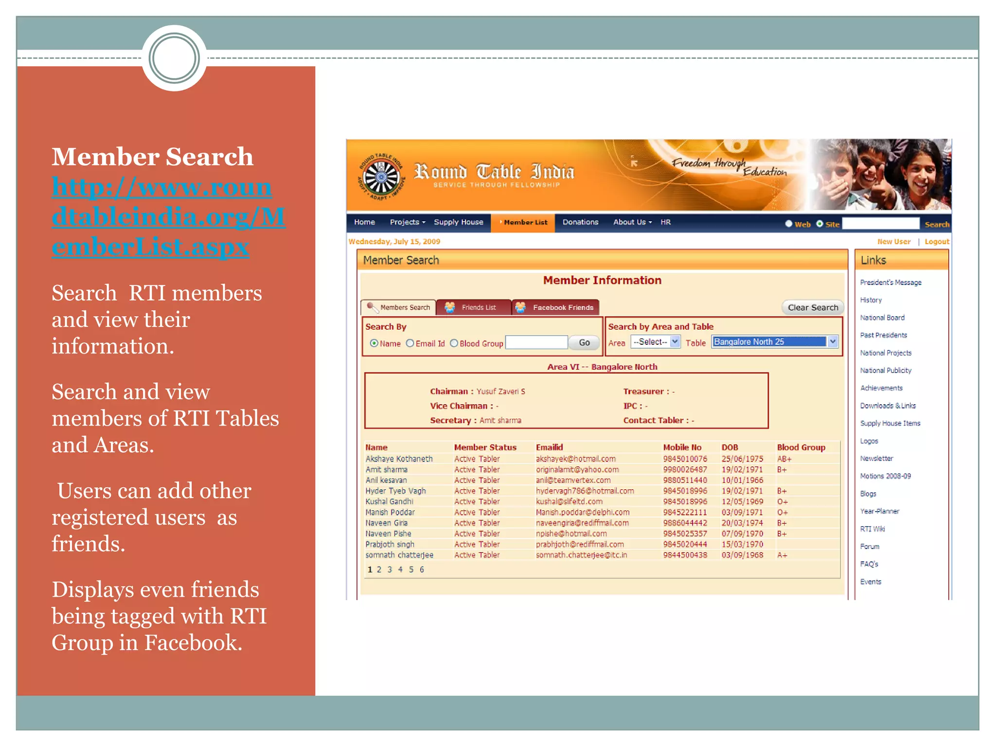 Member Search
http://www.roun
dtableindia.org/M
emberList.aspx
Search RTI members
and view their
information.

Search and view
members of RTI Tables
and Areas.

 Users can add other
registered users as
friends.

Displays even friends
being tagged with RTI
Group in Facebook.
 