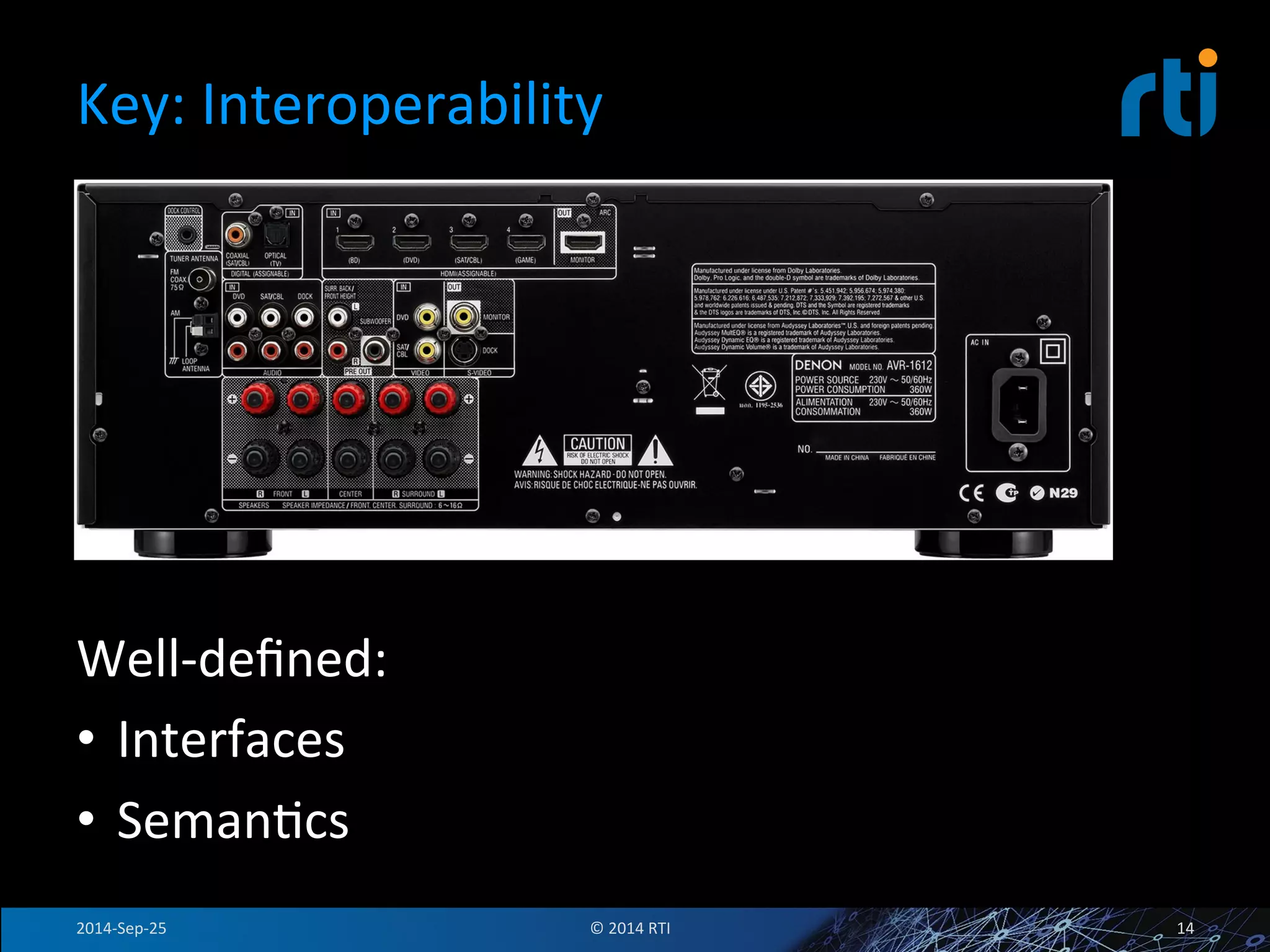 Key: 
Interoperability 
Well-­‐defined: 
• Interfaces 
• SemanFcs 
2014-­‐Sep-­‐25 
© 
2014 
RTI 
14 
 