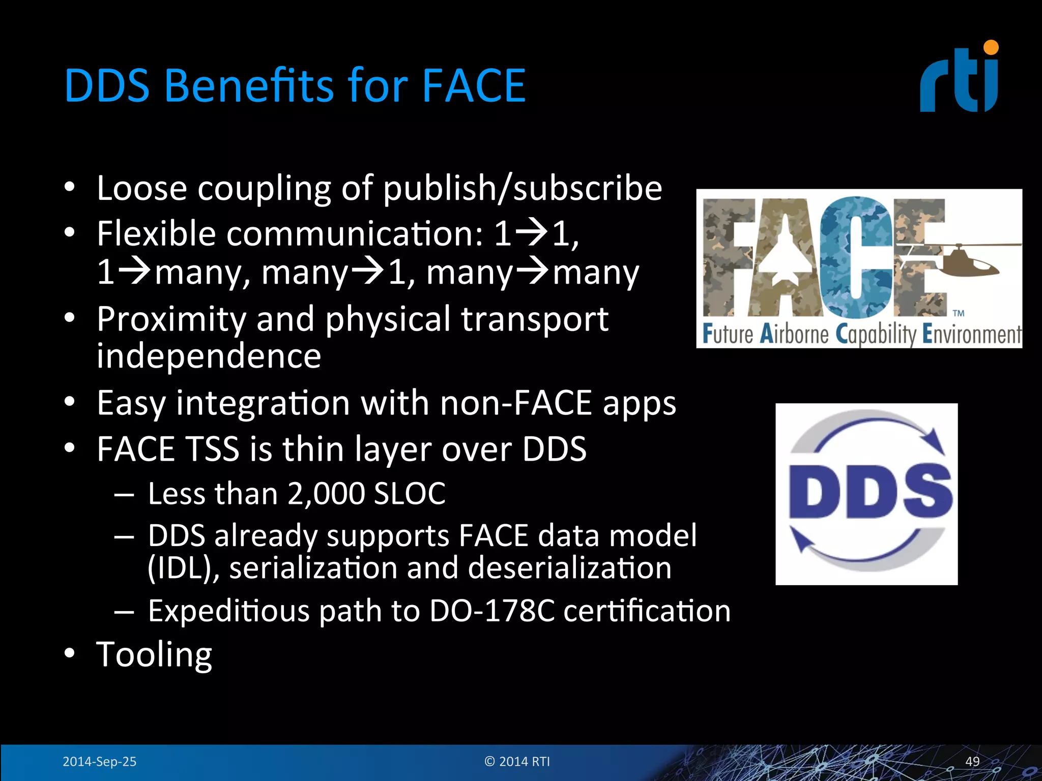 DDS 
Benefits 
for 
FACE 
• Loose 
coupling 
of 
publish/subscribe 
• Flexible 
communicaFon: 
1à1, 
1àmany, 
manyà1, 
manyàmany 
• Proximity 
and 
physical 
transport 
independence 
• Easy 
integraFon 
with 
non-­‐FACE 
apps 
• FACE 
TSS 
is 
thin 
layer 
over 
DDS 
– Less 
than 
2,000 
SLOC 
– DDS 
already 
supports 
FACE 
data 
model 
(IDL), 
serializaFon 
and 
deserializaFon 
– ExpediFous 
path 
to 
DO-­‐178C 
cerFficaFon 
• Tooling 
2014-­‐Sep-­‐25 
© 
2014 
RTI 
49 
 