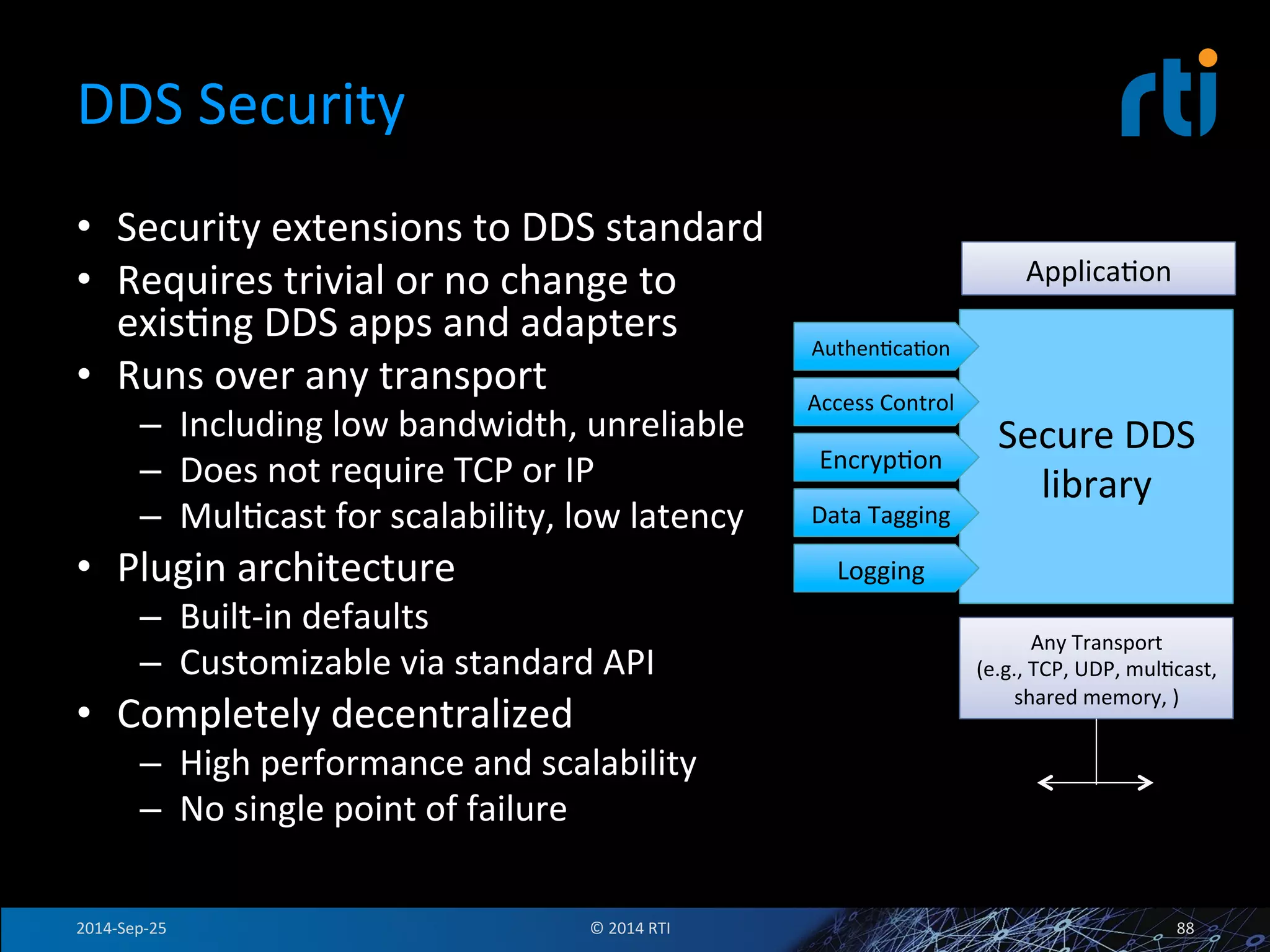 DDS 
Security 
• Security 
extensions 
to 
DDS 
standard 
• Requires 
trivial 
or 
no 
change 
to 
exisFng 
DDS 
apps 
and 
adapters 
• Runs 
over 
any 
transport 
– Including 
low 
bandwidth, 
unreliable 
– Does 
not 
require 
TCP 
or 
IP 
– MulFcast 
for 
scalability, 
low 
latency 
• Plugin 
architecture 
– Built-­‐in 
defaults 
– Customizable 
via 
standard 
API 
• Completely 
decentralized 
– High 
performance 
and 
scalability 
– No 
single 
point 
of 
failure 
Secure 
DDS 
library 
AuthenFcaFon 
Access 
Control 
EncrypFon 
Data 
Tagging 
Logging 
ApplicaFon 
Any 
Transport 
(e.g., 
TCP, 
UDP, 
mulFcast, 
shared 
memory, 
) 
2014-­‐Sep-­‐25 
© 
2014 
RTI 
88 
 