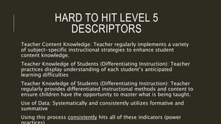 HARD TO HIT LEVEL 5
DESCRIPTORS
Teacher Content Knowledge: Teacher regularly implements a variety
of subject-specific instructional strategies to enhance student
content knowledge.
Teacher Knowledge of Students (Differentiating Instruction): Teacher
practices display understanding of each student’s anticipated
learning difficulties
Teacher Knowledge of Students (Differentiating Instruction): Teacher
regularly provides differentiated instructional methods and content to
ensure children have the opportunity to master what is being taught.
Use of Data: Systematically and consistently utilizes formative and
summative
Using this process consistently hits all of these indicators (power
 