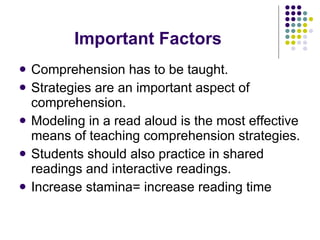 Important Factors Comprehension has to be taught. Strategies are an important aspect of comprehension. Modeling in a read aloud is the most effective means of teaching comprehension strategies. Students should also practice in shared readings and interactive readings. Increase stamina= increase reading time 