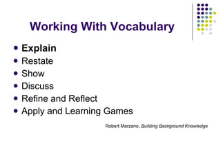 Working With Vocabulary Explain Restate Show Discuss Refine and Reflect Apply and Learning Games Robert Marzano,  Building Background Knowledge 