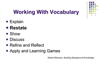Working With Vocabulary Explain Restate Show Discuss Refine and Reflect Apply and Learning Games Robert Marzano,  Building Background Knowledge 