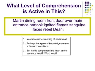 What Level of Comprehension is Active in This? Martin dining room front door over main entrance partook ignited flames sanguine faces rebel Dean.  You have understanding of each word. Perhaps background knowledge creates schema connections. But is this comprehensible input at the sentence level?  Word level? 