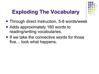 Exploding The Vocabulary Through direct instruction, 5-8 words/week Adds approximately 160 words to reading/writing vocabularies. If we take the connective words for those five… look what happens. 