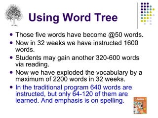Using Word Tree Those five words have become @50 words. Now in 32 weeks we have instructed 1600 words. Students may gain another 320-600 words via reading. Now we have exploded the vocabulary by a maximum of 2200 words in 32 weeks. In the traditional program 640 words are instructed, but only 64-120 of them are learned. And emphasis is on spelling. 