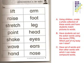 Using children, create a photo collection of these words and have students match pictures to words. Have students act out the action words using the nouns (TPR).  Which part of my body can I raise? Have set of words and then other words with which I can make compound words. 