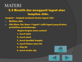 MATERI
   2.2 Memilih dan mengganti Layout atau
                tampilan slide.
Langkah – langkah membuat desain layout slide
1. Aktifkan slide
2. Klik Ribon Tab Home > Layout > pilih layout yang disukai,
   perhatikan perubahannya.
            Bagian-bagian menu content
           1. Insert table
           2. Insert chart
           3. Insert SmartArt Graphic
           4. Insert Picture from File
           5. Clip Art
           6. Insert media clip
 