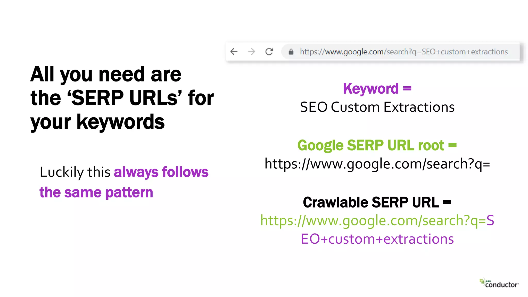 All you need are
the ‘SERP URLs’ for
your keywords
Luckily this always follows
the same pattern
Keyword =
SEO Custom Extractions
Google SERP URL root =
https://www.google.com/search?q=
Crawlable SERP URL =
https://www.google.com/search?q=S
EO+custom+extractions
 