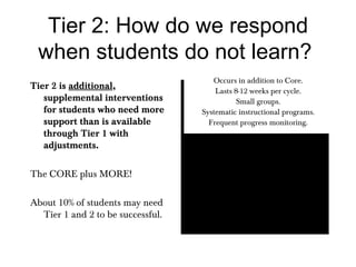 Tier 2: How do we respond when students do not learn?  Tier 2 is  additional , supplemental interventions for   students who need more support than is available through Tier 1 with adjustments. The CORE plus MORE! About 10% of students may need Tier 1 and 2 to be successful. Occurs in addition to Core. Lasts 8-12 weeks per cycle. Small groups. Systematic instructional programs. Frequent progress monitoring. 