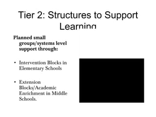 Tier 2: Structures to Support Learning Planned small groups/systems level support through: Intervention Blocks in Elementary Schools Extension Blocks/Academic Enrichment in Middle Schools. 