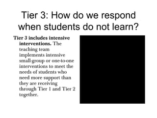 Tier 3: How do we respond when students do not learn? Tier 3 includes intensive interventions.  The teaching team implements intensive small-group or one-to-one interventions to meet the needs of students who need more support than they are receiving through Tier 1 and Tier 2 together. 