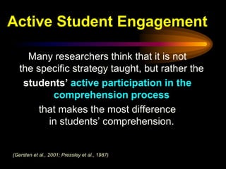 Active Student Engagement

     Many researchers think that it is not
   the specific strategy taught, but rather the
    students’ active participation in the
           comprehension process
        that makes the most difference
          in students’ comprehension.


(Gersten et al., 2001; Pressley et al., 1987)
 