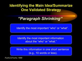 Identifying the Main Idea/Summarize
            One Validated Strategy

              “Paragraph Shrinking”

            Identify the most important “who” or “what”.


             Identify the most important information
                    about the “who” or “what.”

            Write this information in one short sentence
                       (e.g., 10 words or less).
Fuchs & Fuchs; 1988
 