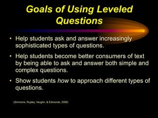 Goals of Using Leveled
                Questions
• Help students ask and answer increasingly
  sophisticated types of questions.
• Help students become better consumers of text
  by being able to ask and answer both simple and
  complex questions.
• Show students how to approach different types of
  questions.

 (Simmons, Rupley, Vaughn, & Edmonds, 2006)
 