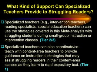 What Kind of Support Can Specialized
 Teachers Provide to Struggling Readers?

Specialized teachers (e.g., intervention teachers,
 reading specialists, special education teachers) can
 use the strategies covered in this Meta-analysis with
 struggling students during small-group instruction or
 intervention classes. (Tier 2/3)
Specialized teachers can also coordinate/co-
 teach with content-area teachers to provide
 guidance on instructional strategies that may
 assist struggling readers in their content-area
 classes as they learn to read expository text. (Tier
 1)
 