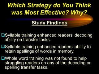 Which Strategy do You Think
    was Most Effective? Why?
                Study Findings

Syllable training enhanced readers’ decoding
 ability on transfer tasks.
Syllable training enhanced readers’ ability to
 retain spellings of words in memory.
Whole word training was not found to help
 struggling readers on any of the decoding or
 spelling transfer tasks.
 