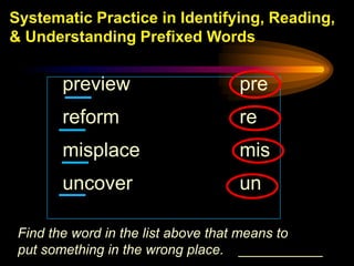 Systematic Practice in Identifying, Reading,
& Understanding Prefixed Words


       preview                   pre
       reform                    re
       misplace                  mis
       uncover                   un

 Find the word in the list above that means to
 put something in the wrong place. ___________
 