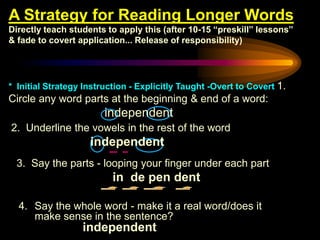 A Strategy for Reading Longer Words
Directly teach students to apply this (after 10-15 “preskill” lessons”
& fade to covert application... Release of responsibility)




* Initial Strategy Instruction - Explicitly Taught -Overt to Covert 1.
Circle any word parts at the beginning & end of a word:
                        independent
2. Underline the vowels in the rest of the word
                    independent
  3. Say the parts - looping your finger under each part
                          in de pen dent

  4. Say the whole word - make it a real word/does it
     make sense in the sentence?
                  independent
 