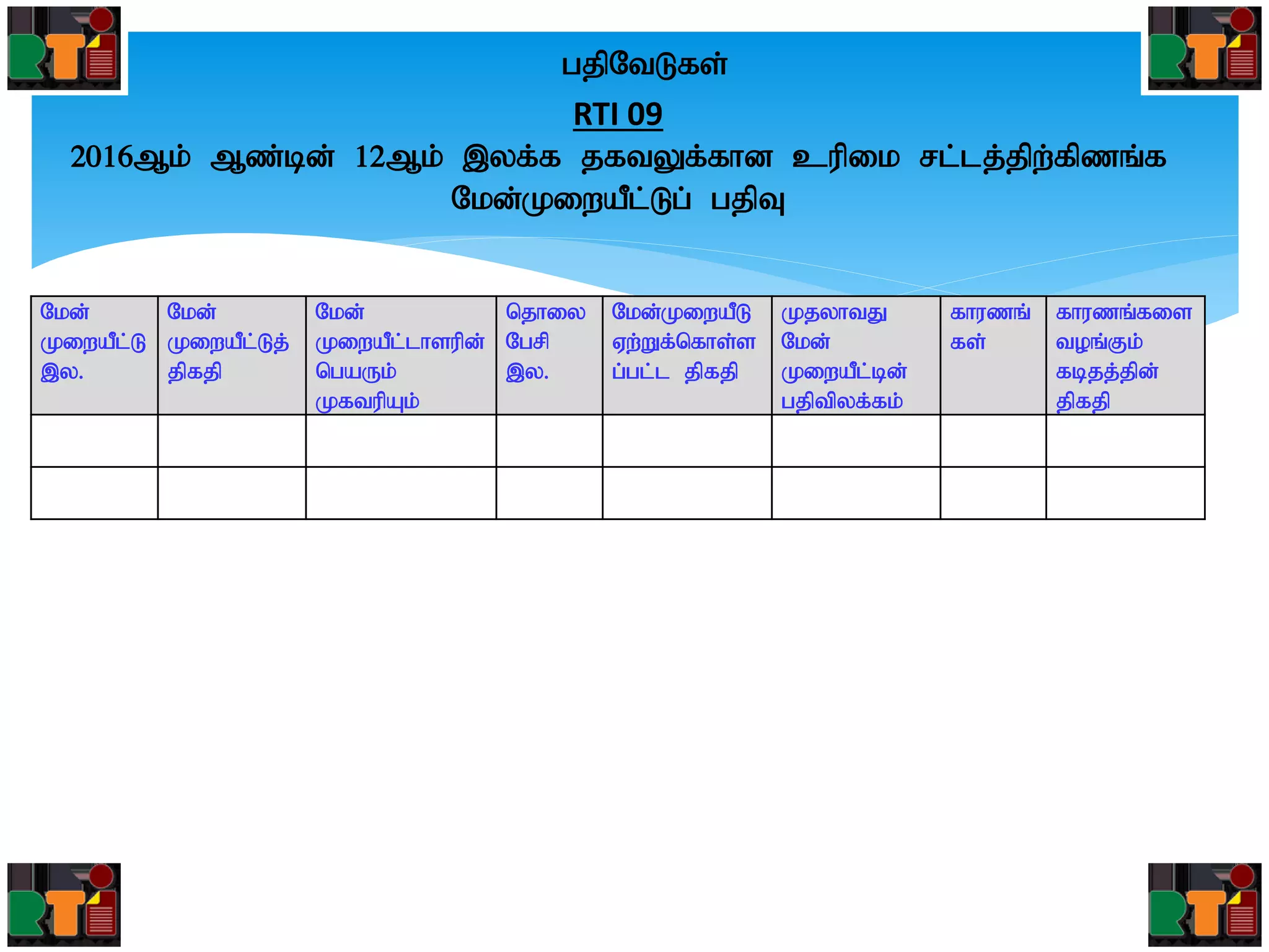 gjpNtLfs;
RTI 09
2016Mk; Mz;bd; 12Mk; ,yf;f jftYf;fhd cupik rl;lj;jpw;fpzq;f
Nkd;KiwaPl;Lg; gjpT
Nkd;
KiwaPl;L
,y.
Nkd;
KiwaPl;Lj;
jpfjp
Nkd;
KiwaPl;lhsupd;
ngaUk;
KftupAk;
njhiy
Ngrp
,y.
Nkd;KiwaPL
Vw;Wf;nfhs;s
g;gl;l jpfjp
KjyhtJ
Nkd;
KiwaPl;bd;
gjptpyf;fk;
fhuzq;
fs;
fhuzq;fis
toq;Fk;
fbjj;jpd;
jpfjp
 