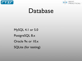 Database

MySQL 4.1 or 5.0
PostgreSQL 8.x
Oracle 9x or 10.x
SQLite (for testing)
 
