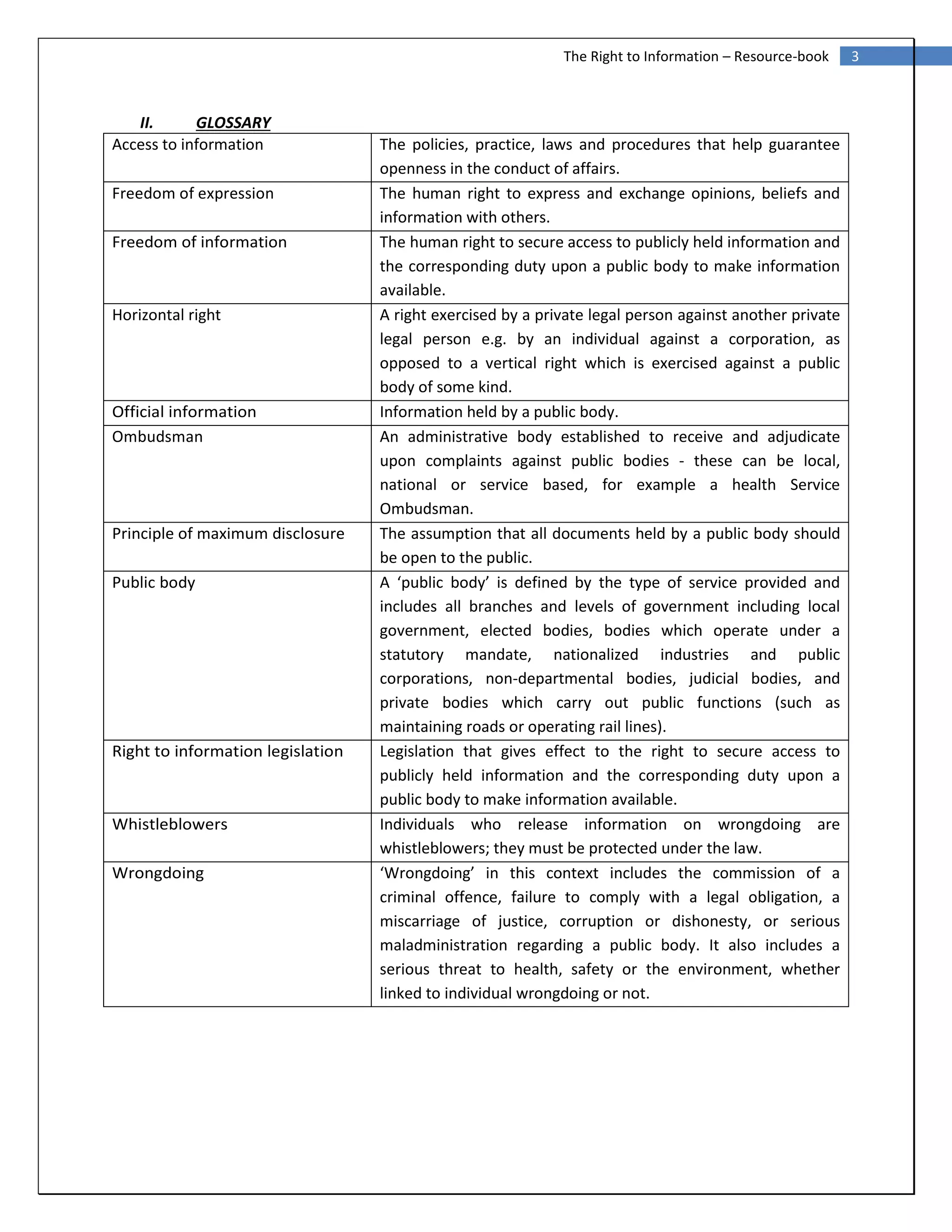 3The Right to Information – Resource-book
II. GLOSSARY
Access to information The policies, practice, laws and procedures that help guarantee
openness in the conduct of affairs.
Freedom of expression The human right to express and exchange opinions, beliefs and
information with others.
Freedom of information The human right to secure access to publicly held information and
the corresponding duty upon a public body to make information
available.
Horizontal right A right exercised by a private legal person against another private
legal person e.g. by an individual against a corporation, as
opposed to a vertical right which is exercised against a public
body of some kind.
Official information Information held by a public body.
Ombudsman An administrative body established to receive and adjudicate
upon complaints against public bodies - these can be local,
national or service based, for example a health Service
Ombudsman.
Principle of maximum disclosure The assumption that all documents held by a public body should
be open to the public.
Public body A ‘public body’ is defined by the type of service provided and
includes all branches and levels of government including local
government, elected bodies, bodies which operate under a
statutory mandate, nationalized industries and public
corporations, non-departmental bodies, judicial bodies, and
private bodies which carry out public functions (such as
maintaining roads or operating rail lines).
Right to information legislation Legislation that gives effect to the right to secure access to
publicly held information and the corresponding duty upon a
public body to make information available.
Whistleblowers Individuals who release information on wrongdoing are
whistleblowers; they must be protected under the law.
Wrongdoing ‘Wrongdoing’ in this context includes the commission of a
criminal offence, failure to comply with a legal obligation, a
miscarriage of justice, corruption or dishonesty, or serious
maladministration regarding a public body. It also includes a
serious threat to health, safety or the environment, whether
linked to individual wrongdoing or not.
 