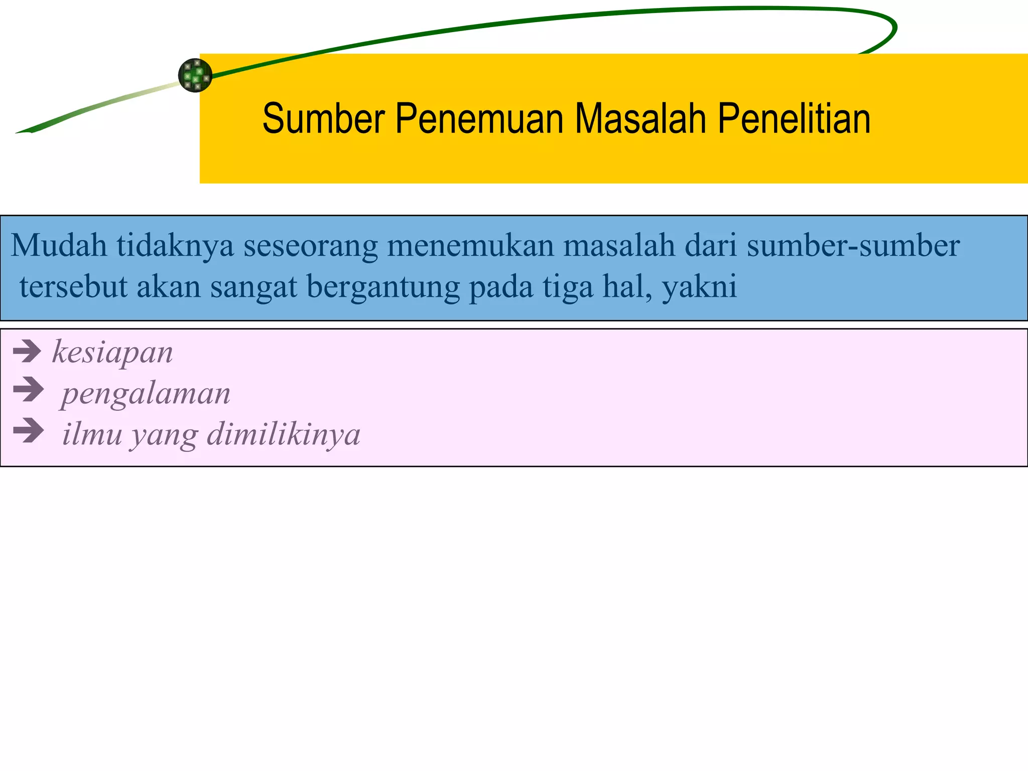 Mudah tidaknya seseorang menemukan masalah dari sumber-sumber tersebut akan sangat bergantung pada tiga hal, yakni    kesiapan   pengalaman   ilmu yang dimilikinya Sumber Penemuan Masalah Penelitian 