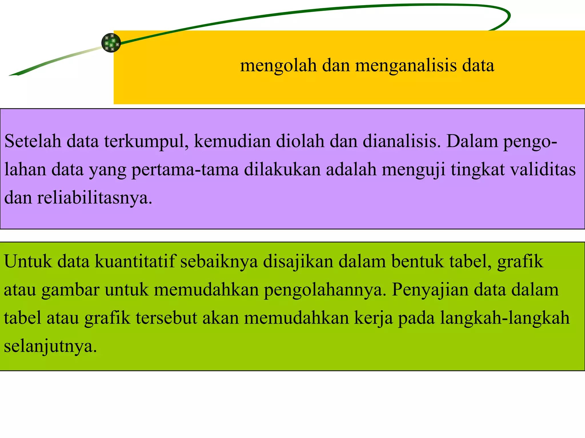 mengolah dan menganalisis data Setelah data terkumpul, kemudian diolah dan dianalisis. Dalam pengo- lahan data yang pertama-tama dilakukan adalah menguji tingkat validitas  dan reliabilitasnya. Untuk data kuantitatif sebaiknya disajikan dalam bentuk tabel, grafik  atau gambar untuk memudahkan pengolahannya. Penyajian data dalam  tabel atau grafik tersebut akan memudahkan kerja pada langkah-langkah  selanjutnya.  