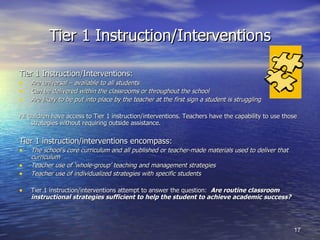 Tier 1 Instruction/Interventions Tier 1 Instruction/Interventions: Are universal – available to all students Can be delivered within the classrooms or throughout the school Are likely to be put into place by the teacher at the first sign a student is struggling All children have access to Tier 1 instruction/interventions. Teachers have the capability to use those strategies without requiring outside assistance. Tier 1 instruction/interventions encompass: The school’s core curriculum and all published or teacher-made materials used to deliver that curriculum Teacher use of ‘whole-group’ teaching and management strategies Teacher use of individualized strategies with specific students Tier 1 instruction/interventions attempt to answer the question:  Are routine classroom instructional strategies sufficient to help the student to achieve academic success? 