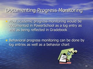 Documenting Progress Monitoring Most academic progress-monitoring would be documented in PowerSchool as a log entry as well as being reflected in Gradebook Behavioral progress monitoring can be done by log entries as well as a behavior chart 
