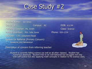 Case Study #2  Student Name:   Joe Jones Grade :   9 Campus:   RC   DOB:   4/1/94 Referring Teacher:   Ms. Smith   Class:   Science Parent/Guardian:   Mrs. Julie Jones Phone:   555-1234 Address:   1201 Justamere Road Reason for Referral (Primary Concern) Academic and Behavioral Description of concern from referring teacher: Student is currently failing science (as well as all other classes).  Student has numerous absences.  Student tries to be well behaved but struggles not only with self-control but also applying math concepts in relation to his science class . 