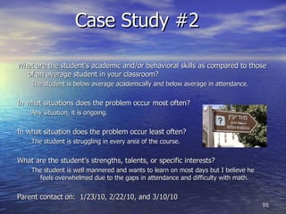 Case Study #2  What are the student’s academic and/or behavioral skills as compared to those of an average student in your classroom? The student is below average academically and below average in attendance. In what situations does the problem occur most often? Any situation, it is ongoing. In what situation does the problem occur least often? The student is struggling in every area of the course. What are the student’s strengths, talents, or specific interests? The student is well mannered and wants to learn on most days but I believe he feels overwhelmed due to the gaps in attendance and difficulty with math. Parent contact on:  1/23/10, 2/22/10, and 3/10/10 