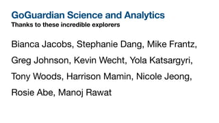 GoGuardian Science and Analytics
Thanks to these incredible explorers
Bianca Jacobs, Stephanie Dang, Mike Frantz,
Greg Johnson, Kevin Wecht, Yola Katsargyri,
Tony Woods, Harrison Mamin, Nicole Jeong,
Rosie Abe, Manoj Rawat
 