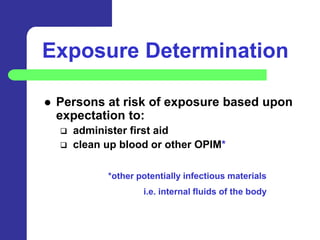 Exposure Determination

   Persons at risk of exposure based upon
    expectation to:
       administer first aid
       clean up blood or other OPIM*

              *other potentially infectious materials
                      i.e. internal fluids of the body
 