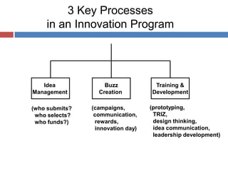 3 Key Processes
in an Innovation Program
Idea
Management
Buzz
Creation
Training &
Development
(who submits?
who selects?
who funds?)
(campaigns,
communication,
rewards,
innovation day)
(prototyping,
TRIZ,
design thinking,
idea communication,
leadership development)
 