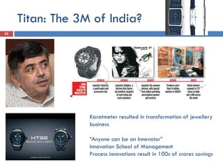 Titan: The 3M of India?
25
Karatmeter resulted in transformation of jewellery
business
“Anyone can be an Innovator”
Innovation School of Management
Process innovations result in 100s of crores savings
 