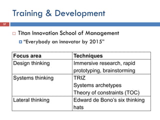 Training & Development
 Titan Innovation School of Management
 “Everybody an innovator by 2015”
27
Focus area Techniques
Design thinking Immersive research, rapid
prototyping, brainstorming
Systems thinking TRIZ
Systems archetypes
Theory of constraints (TOC)
Lateral thinking Edward de Bono’s six thinking
hats
 